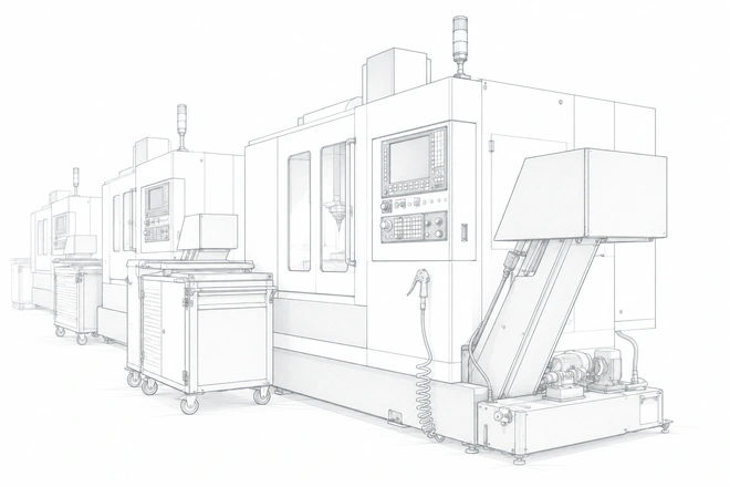 CNC Precision Machining - technical line sketch based on the facility photograph