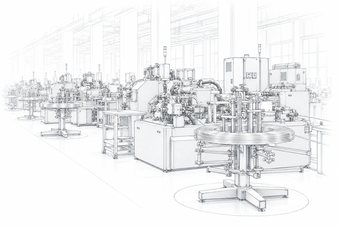 Precision Contact Manufacturing - technical line sketch based on the facility photograph
