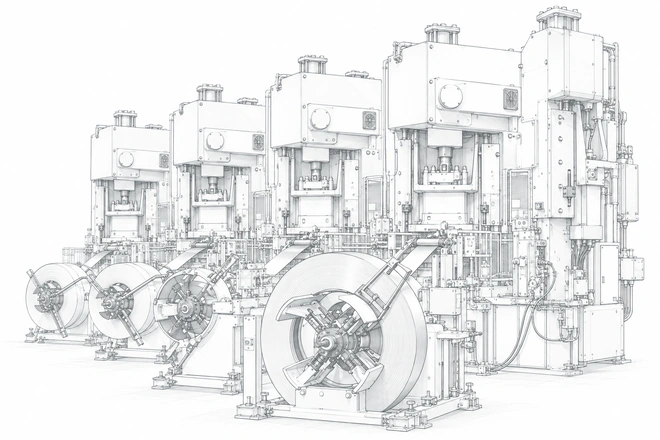 Precision Press Manufacturing - technical line sketch based on the facility photograph