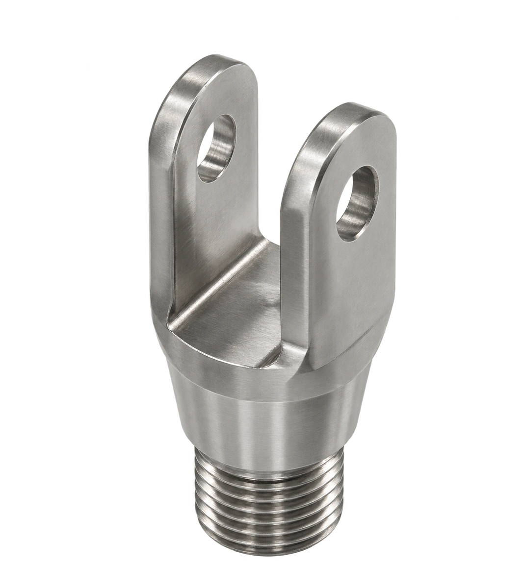 두 개의 핀 홀과 수나사 몸체를 갖춘 은색 클레비스 · Threaded clevis fitting