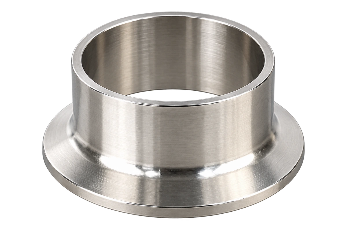 원통형 보어와 넓은 플랜지가 있는 은색 페룰 · Flanged ferrule